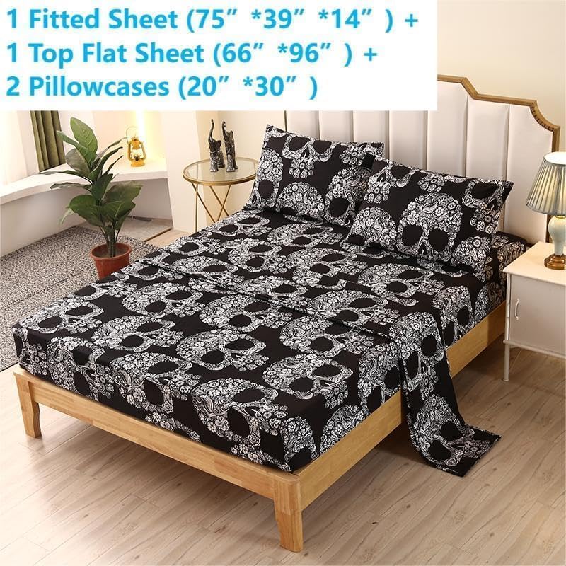 SDIII 4PCS Sugar Skull Twin Sheets Set, Soft Microfiber Gothic Sheets Twin Size Skeleton Printed, Goth Bedding Sheet Set Deep Pocket All Season - Image 2